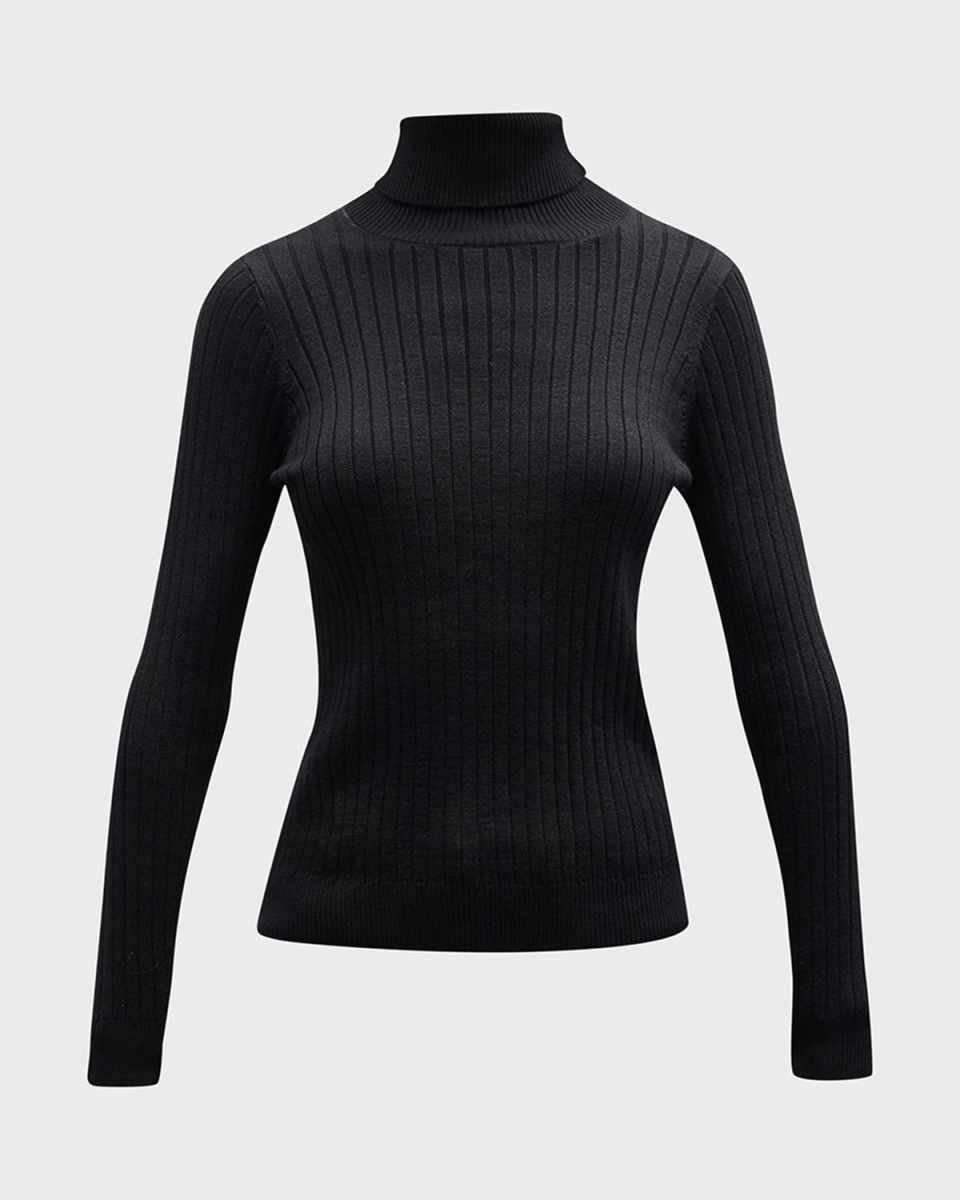 Metallic Stretch Ribbed Turtleneck Sweater